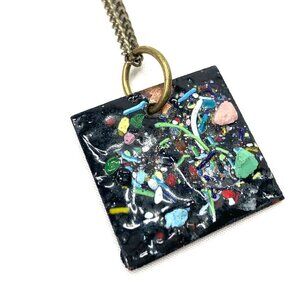 Artisan Copper & Enamel Abstract Art Pendant and Chain Black Pink Green Blue 16"